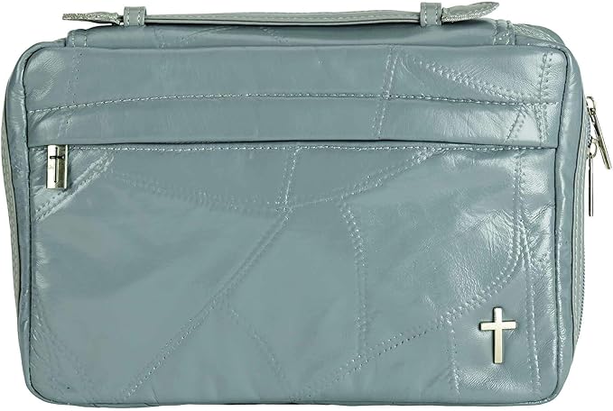 酷炫黑色灰色*蓝皮革拉链圣经保护套 10.25 x 7 cool silvertone