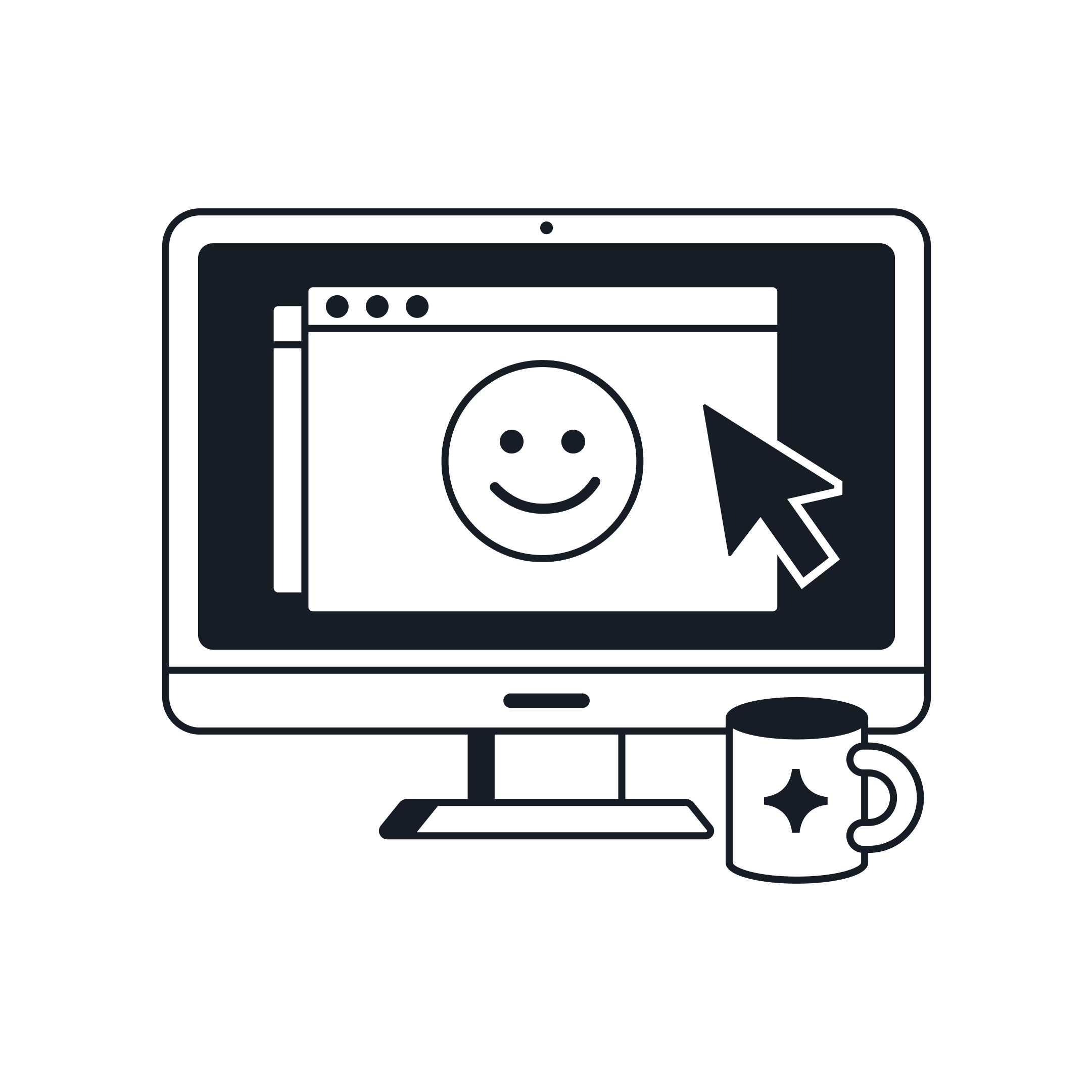 插图:橙色背景上,电脑显示器显示着笑脸表情符号和光标箭头,旁边放着