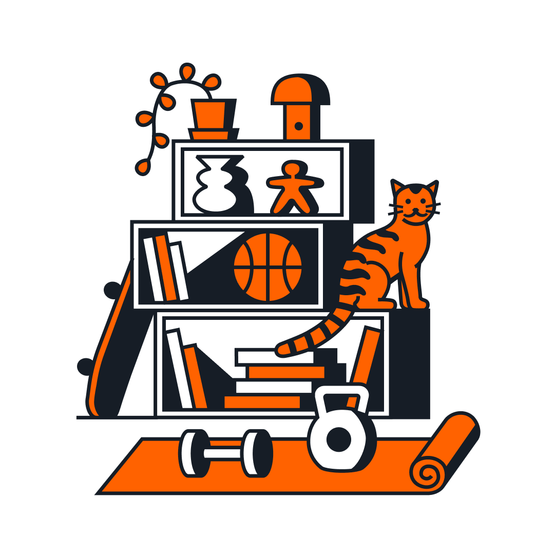 橘色與黑色風格化插圖，描繪書架、貓咪、運動器材與居家用品。
