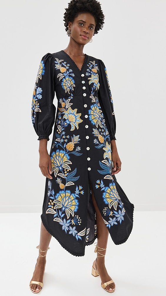 FARM RioStitched Garden Black Midi Dress