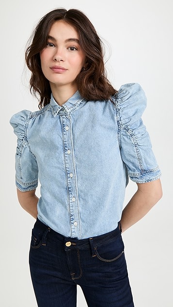 frame 抽皱泡泡长袖牛仔布衬衣