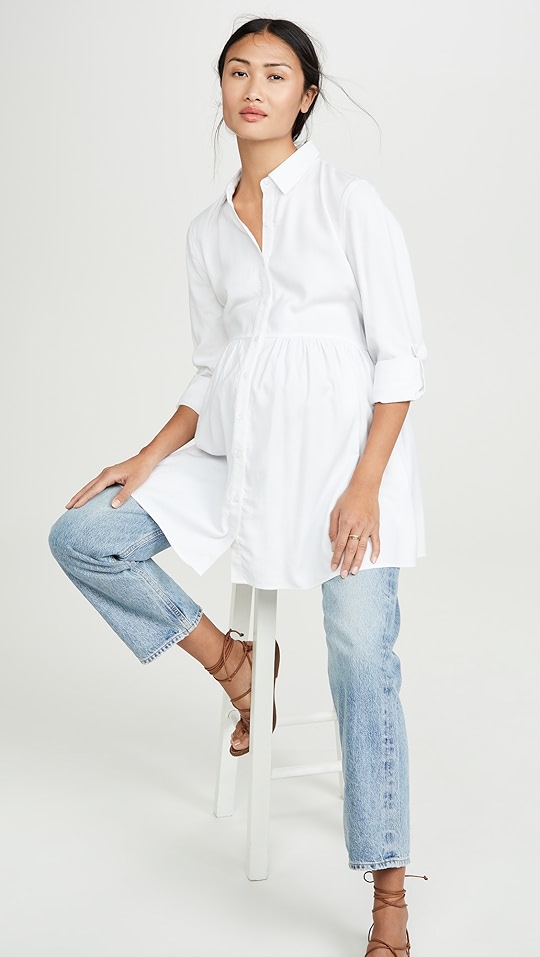 腰褶下摆系扣衬衣