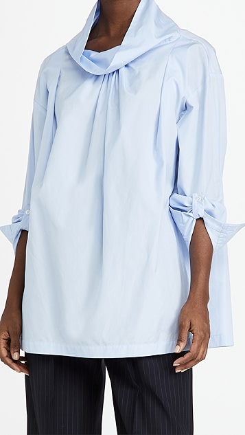 府绸宽大垂褶领衬衫