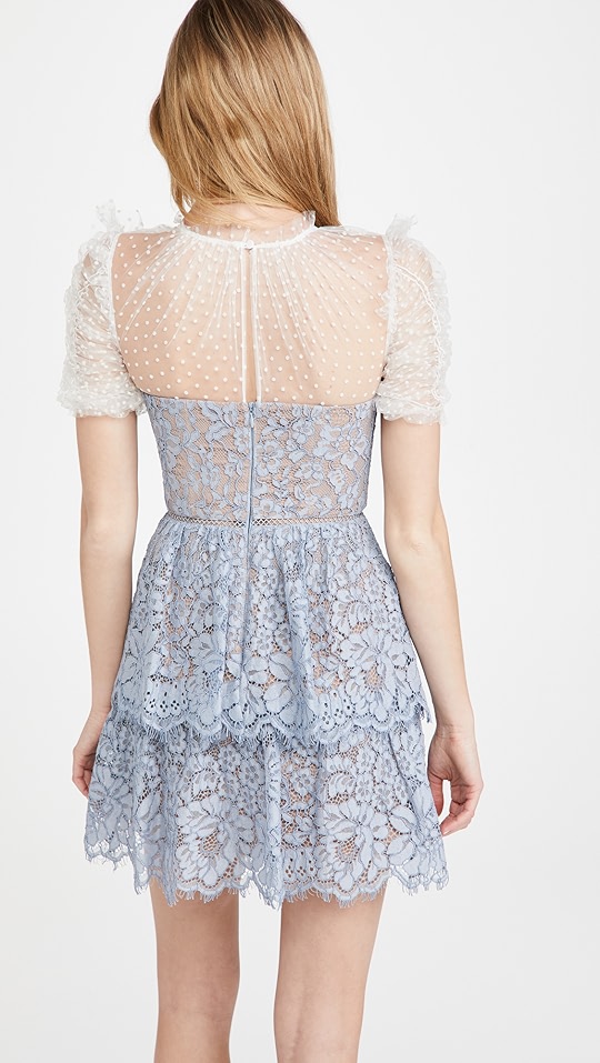 绳索装饰蕾丝层褶裙身迷你连衣裙