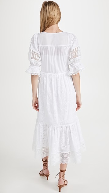 白色花卉英格兰刺绣中长连衣裙