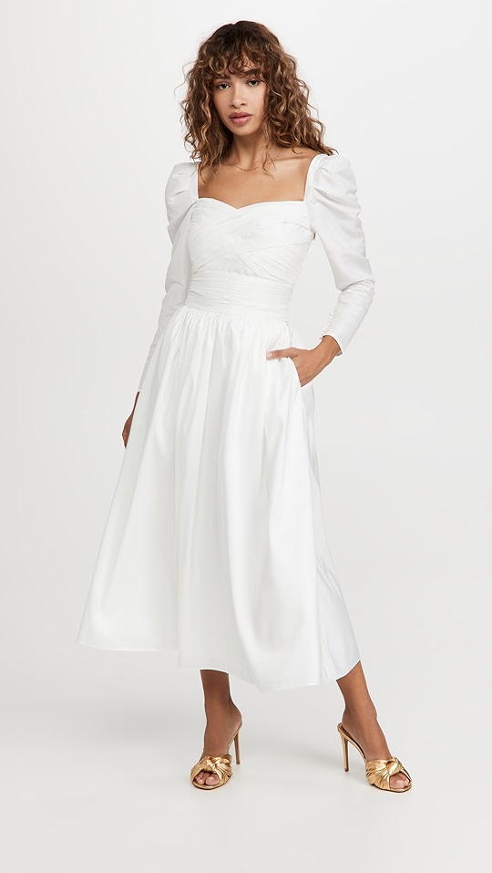 self portrait 白色塔夫绸中长连衣裙 | shopbop