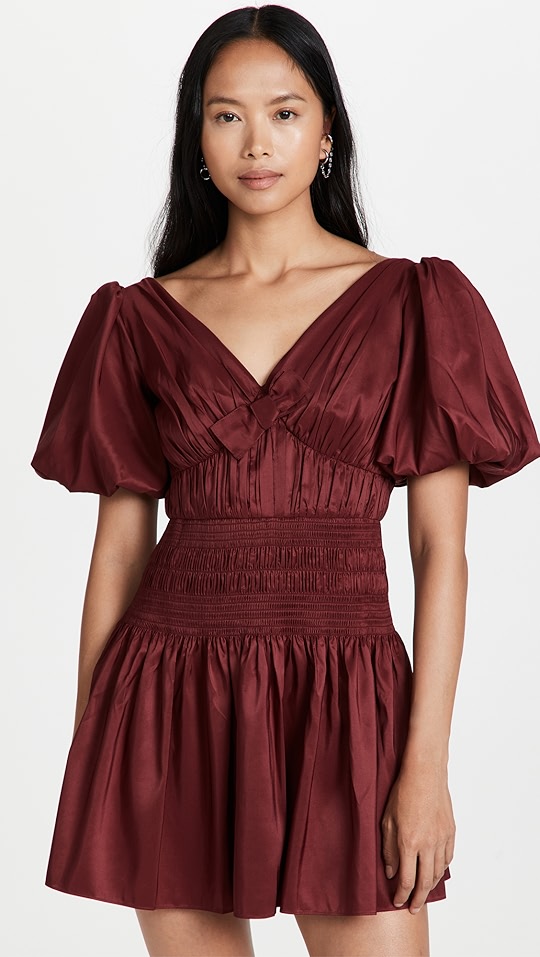 oxblood 塔夫绸泡泡袖迷你连衣裙