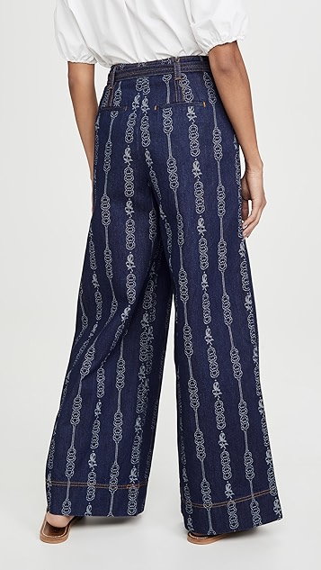 tory burch 汤丽柏琦 双链提花织物牛仔布长裤