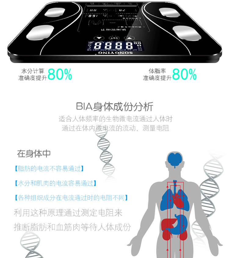 Zhilu 知路电子体重秤脂肪秤中文显示屏体脂称人体成份分析健康秤人体秤智能家用2色可选 亮黑色 价格报价图片