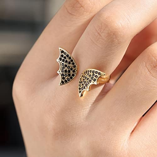 黑色蝙蝠戒指哥特式黑石戒指女式哥特可调万圣节黑金首饰礼品, 18k