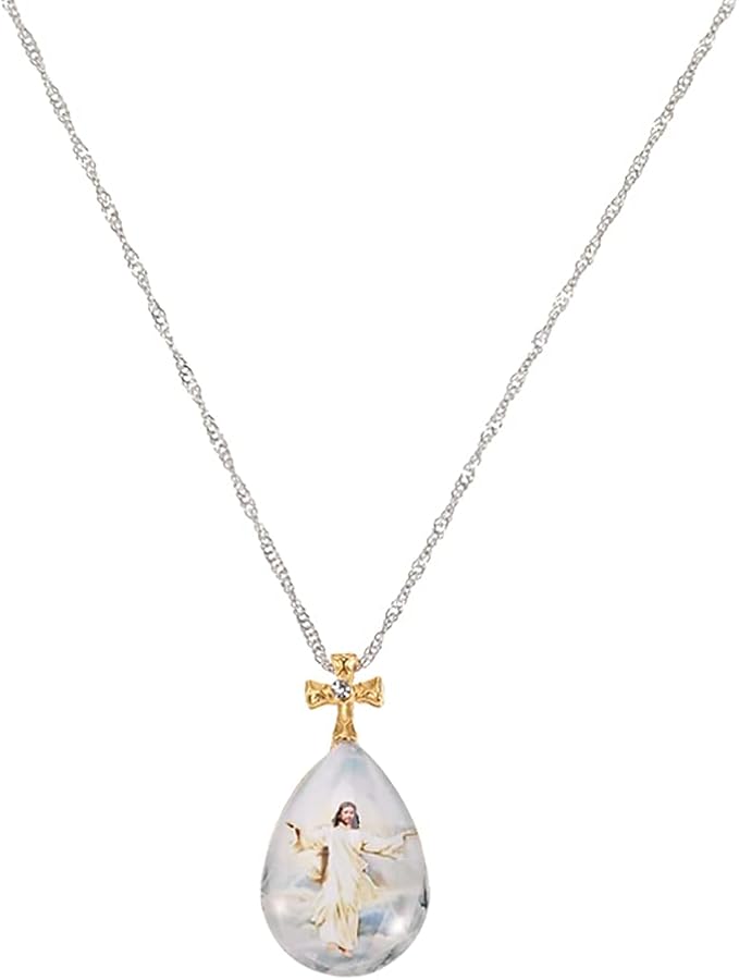 jesus 吊坠项链水晶心形十字架透明宗教信仰祈祷项链 适合女士女孩