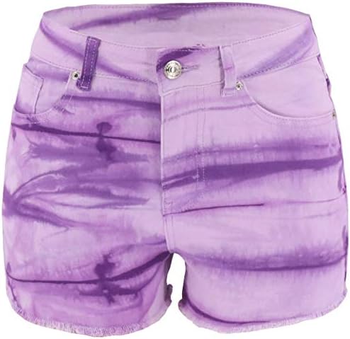高腰牛仔短裤女式夏季弹力牛仔裤浅紫色染色裤流苏边紧身牛仔短裤