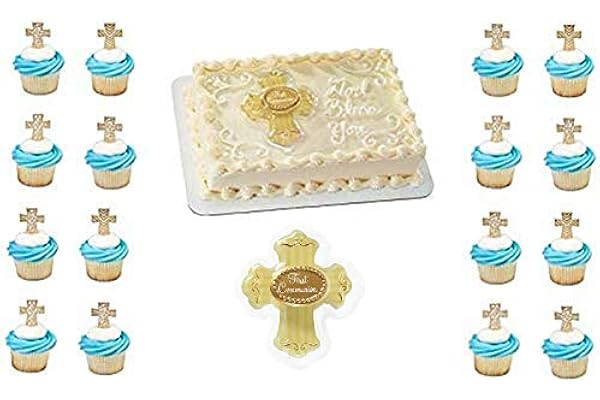 religious first 圣餐十字架金色蛋糕装饰套装蛋糕 24 件生日用品礼品