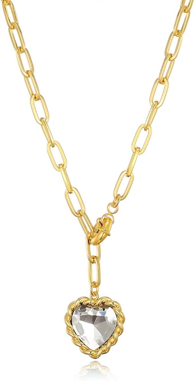 classyzint 金色回形针链项链女士女孩玻璃心形吊坠可调节项链