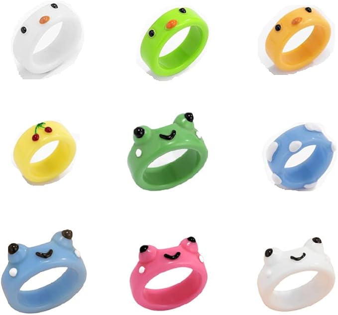 Pingyongchang 9 件青蛙粘土戒指 可爱动物丙烯酸树脂个性化彩色趣味戒指首饰礼物送给女士少女 亚马逊中国 珠宝首饰