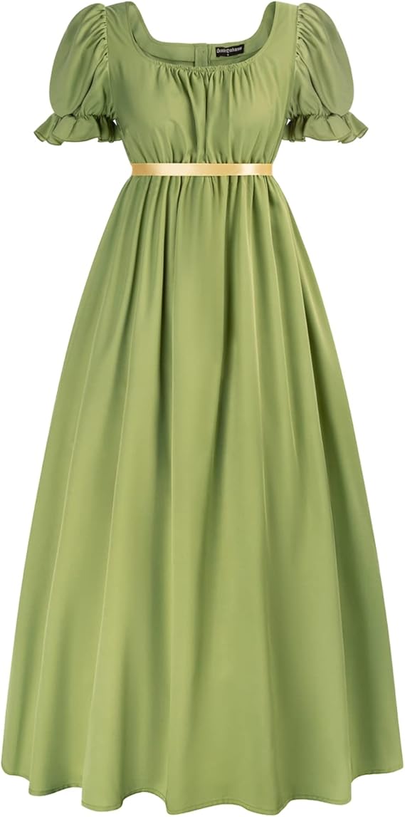 regency 女式连衣裙带腰带高腰荷叶边泡泡袖长裙