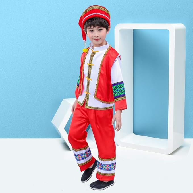 新款儿童苗族演出服男童少数民族服装壮族云南土家族葫芦丝表演服红色xxxl160 咭木咭木 服饰箱包 亚马逊中国