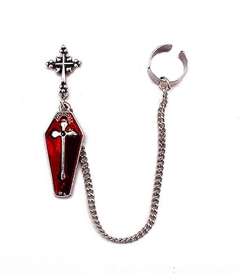 youngy 时尚耳环,1 件哥特式红蜘蛛十字架棺材银色饰面长链耳袖口吊坠