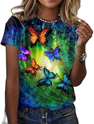 女式蝴蝶画 t 恤图案蝴蝶印花圆领基本款上衣蓝色