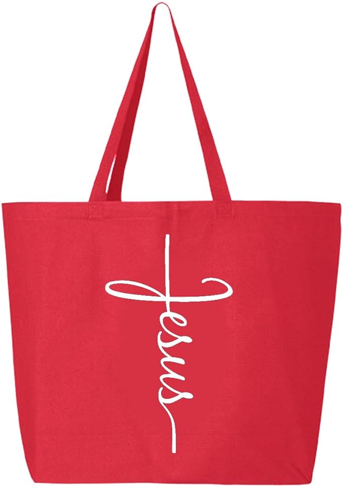 jesus cross 特大帆布手提袋可重复使用购物袋 10 盎司 红色