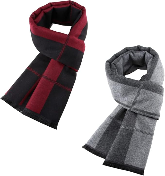 2 件装 cashmere feel 男士冬季围巾,格子格子条纹菱形花纹窗格设计