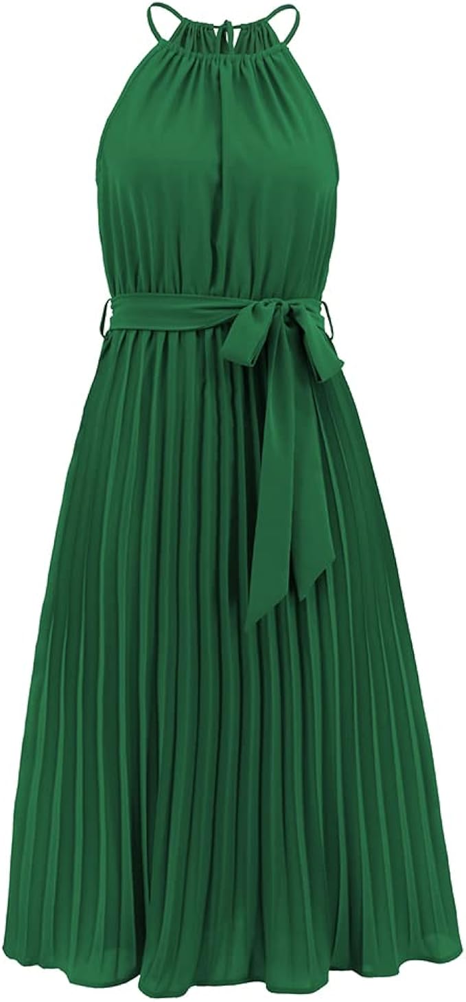 oluolin 女式夏季超长太阳裙挂脖无袖连衣裙纯色飘逸褶皱长款波西米亚