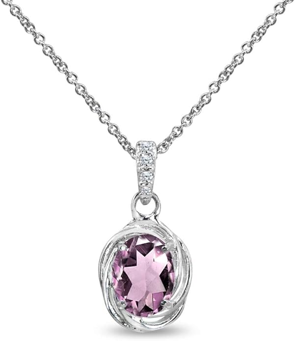 纯银正品,仿制或人造宝石 8x6mm 椭圆形爱结吊坠项链