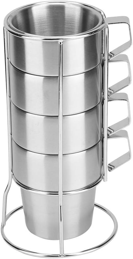 selwatty 咖啡杯套装,4 件堆叠咖啡杯带金属支架不锈钢耐用咖啡杯适用