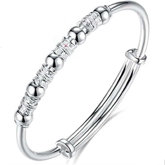 纯银手链女式 925 纯银串珠手镯转移幸运袖口手链可调节时尚女士珠宝