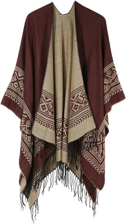 女式冬季斗篷复古前开流苏毛毯披肩裹身开衫外套