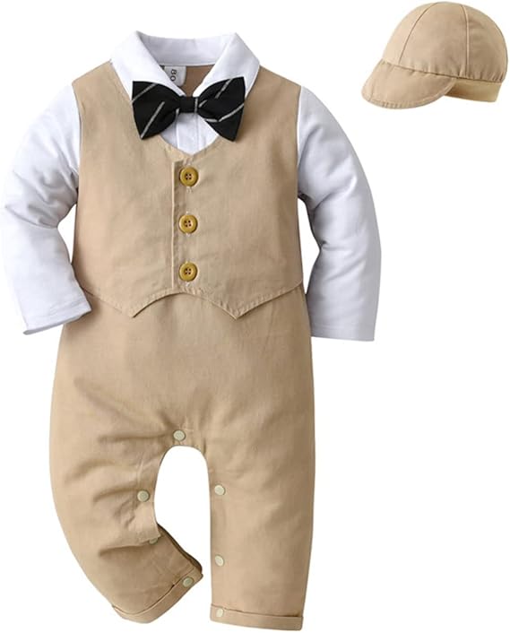 新生儿男孩绅士服装男婴洗礼连衫裤连体衣带蝴蝶结幼儿正式套装