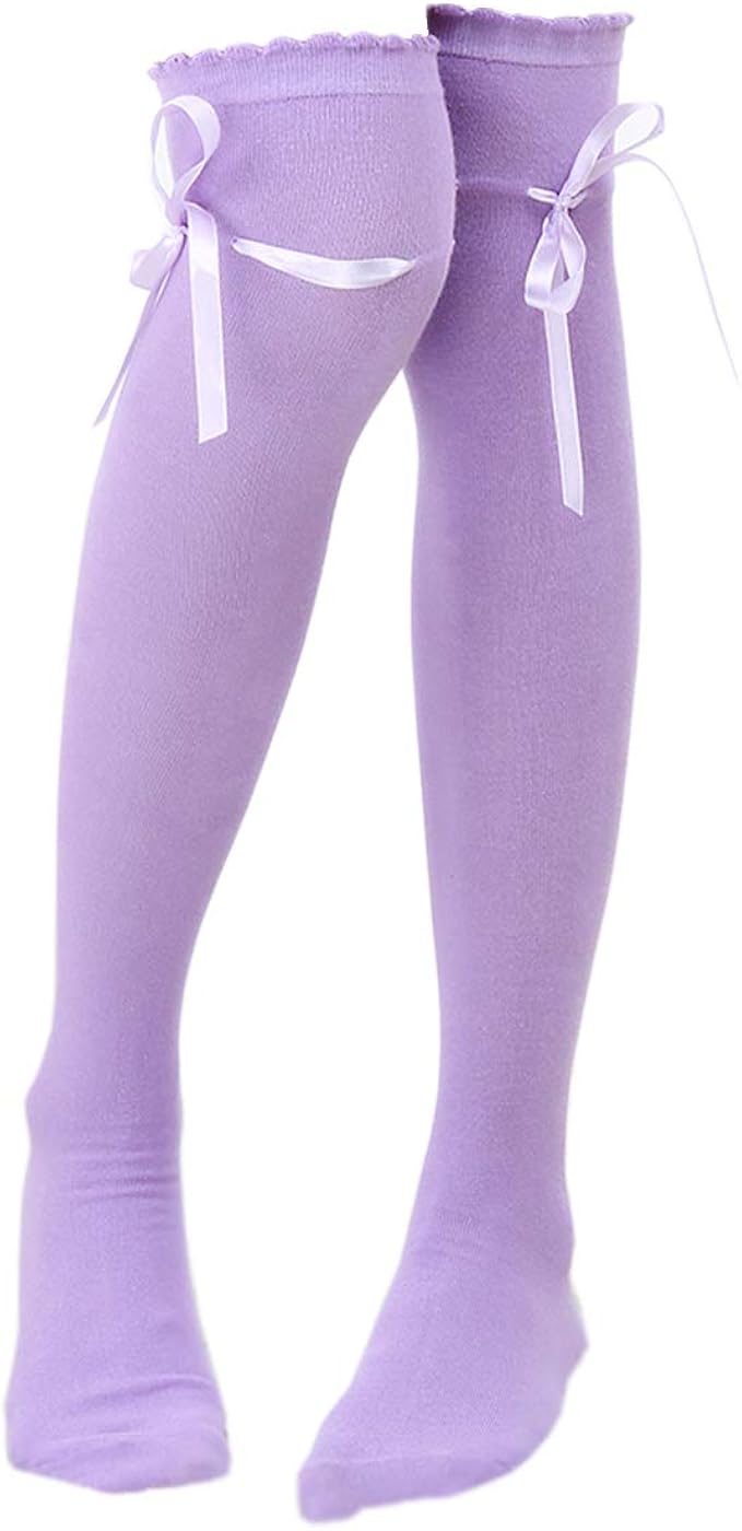女式大腿高筒袜洛丽塔哥特式过膝长筒袜系带过膝长袜 ptk12n 浅紫色