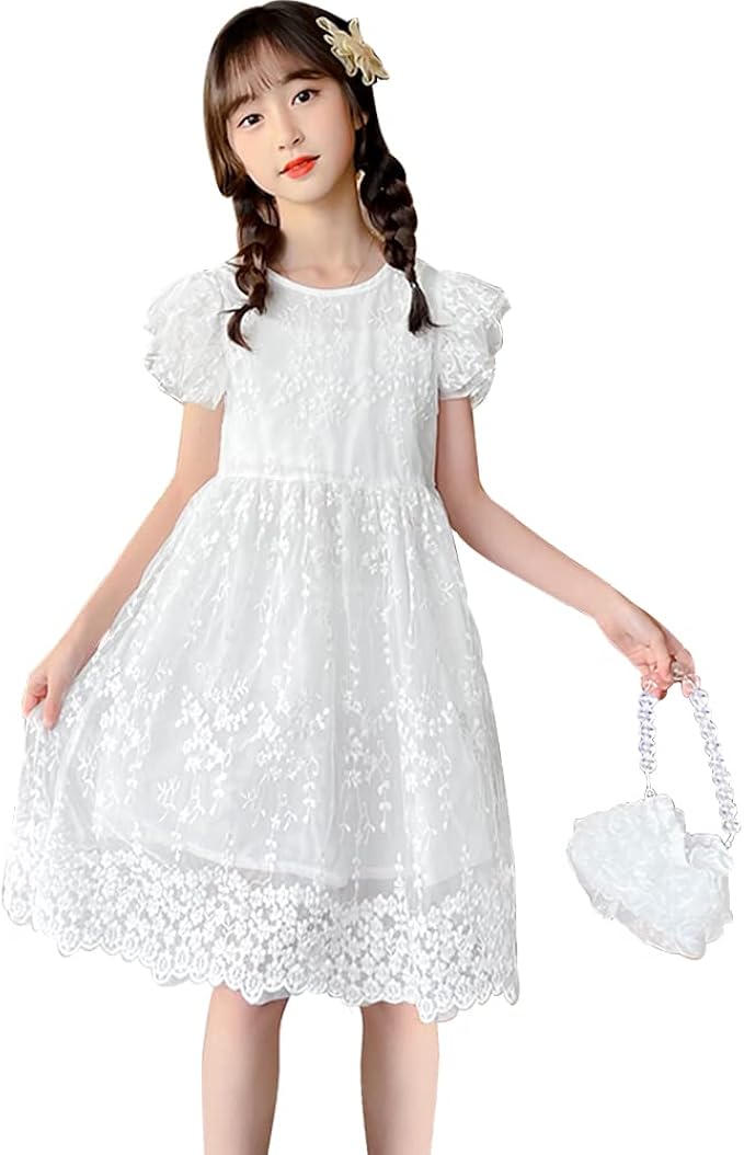 女孩蕾丝连衣裙优雅蝴蝶结荷叶边袖公主派对薄纱夏季复古连衣裙儿童