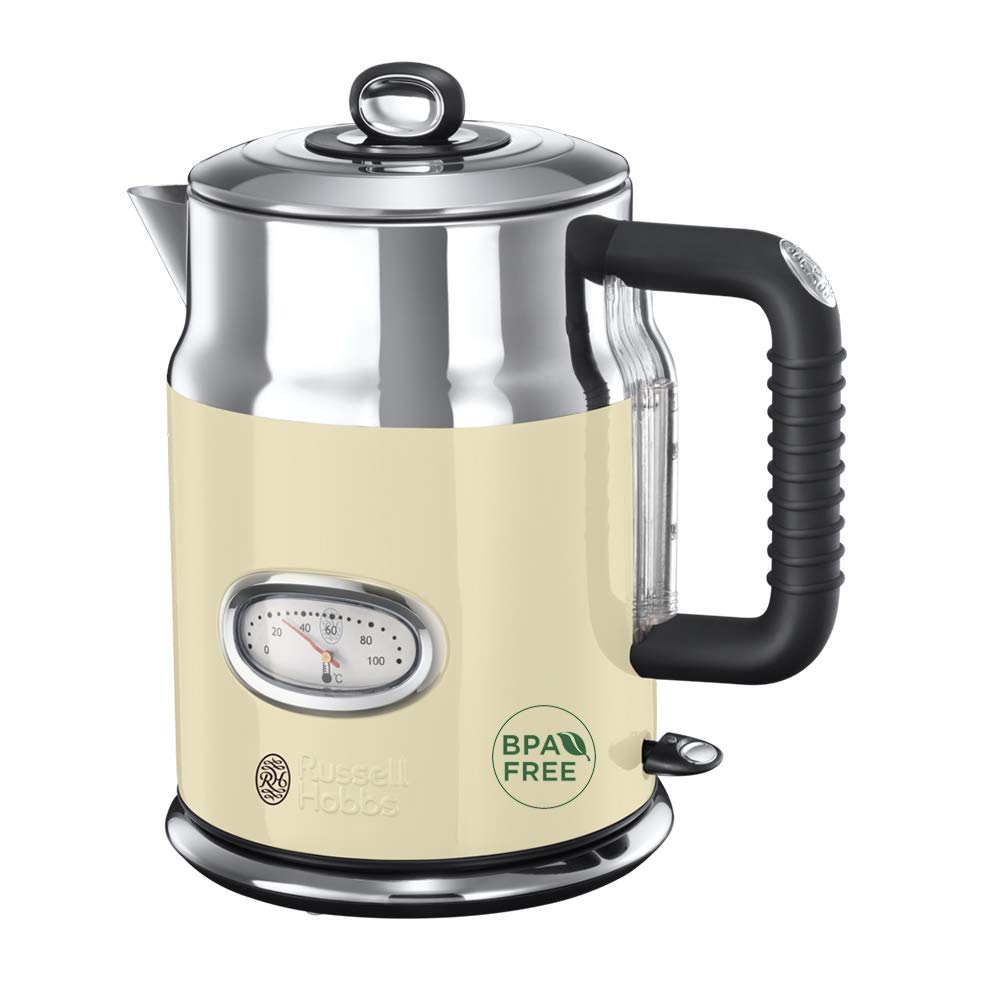 Russell Hobbs Electric Kettle, 1.7L, 2400W, quick heat function, vintage design with water temperature display, water level marker, optimized inverted tip, Vintage kettle 21672-70, Vintage cream color