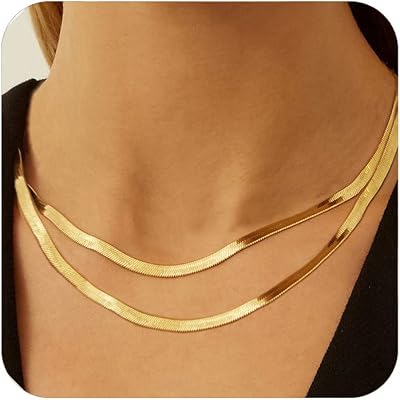 yanoda 女式人字呢项链,14k 金项链,女式精致分层金项链薄金蛇链项链