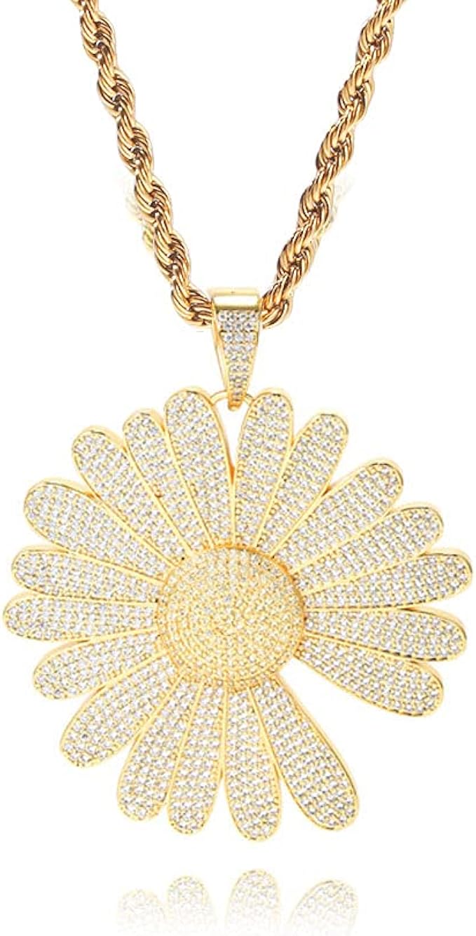 女式大型向日葵项链雏菊吊坠项链花朵项链密镶方晶锆石闪亮冰吊坠