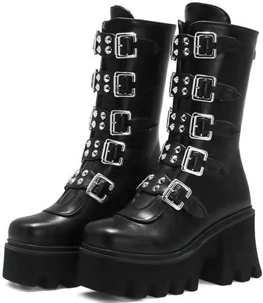 铆钉中筒靴女式 哥特靴粗跟石匠战斗踝靴