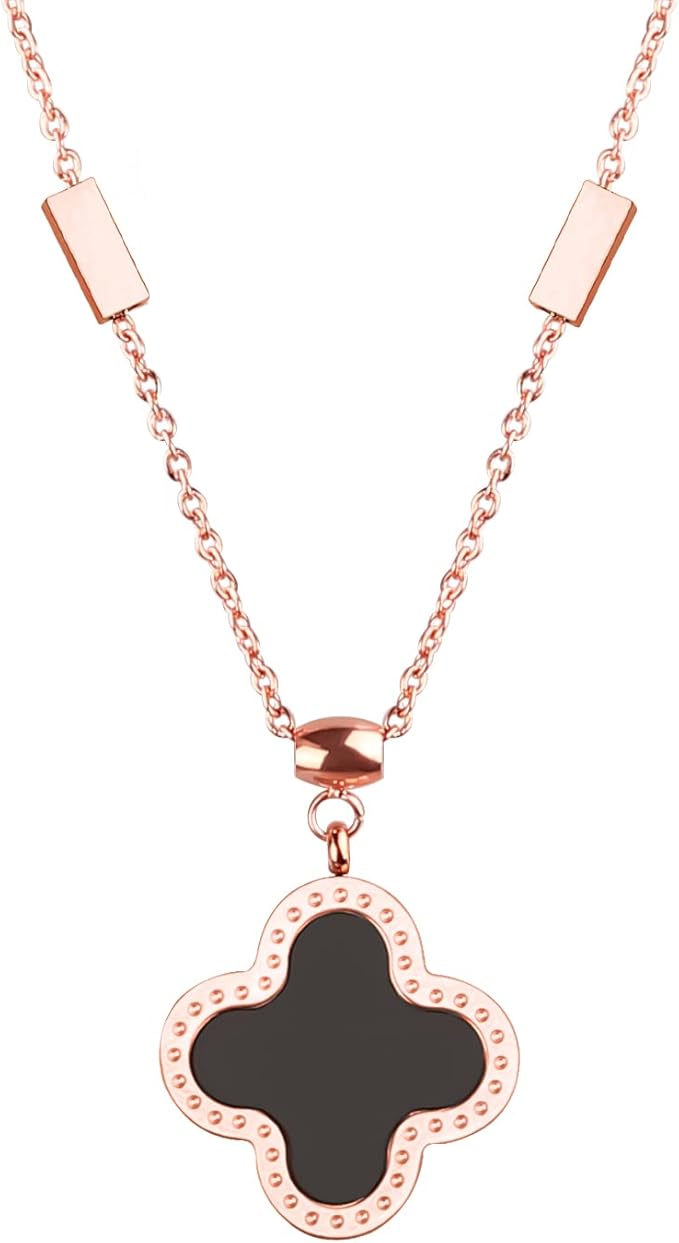 四叶项链幸运吊坠项链链带玫瑰金串珠项链首饰礼物,适合女士和女孩