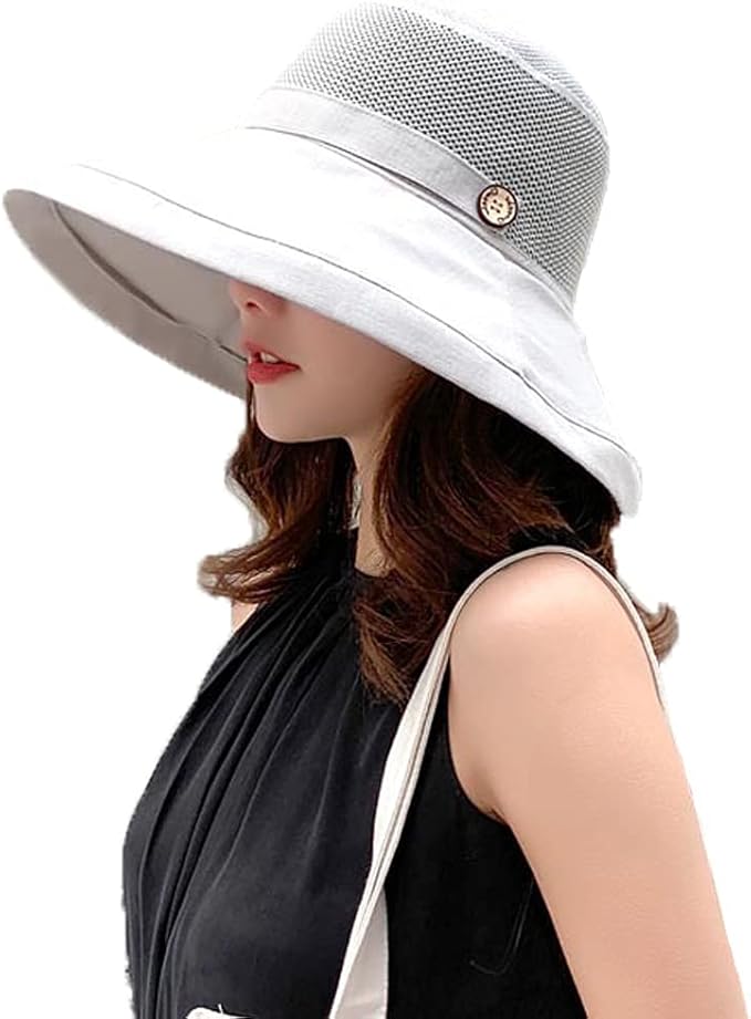 女式网眼太阳帽宽帽檐夏季沙滩桶帽女孩户外防紫外线 upf 可折叠钓鱼