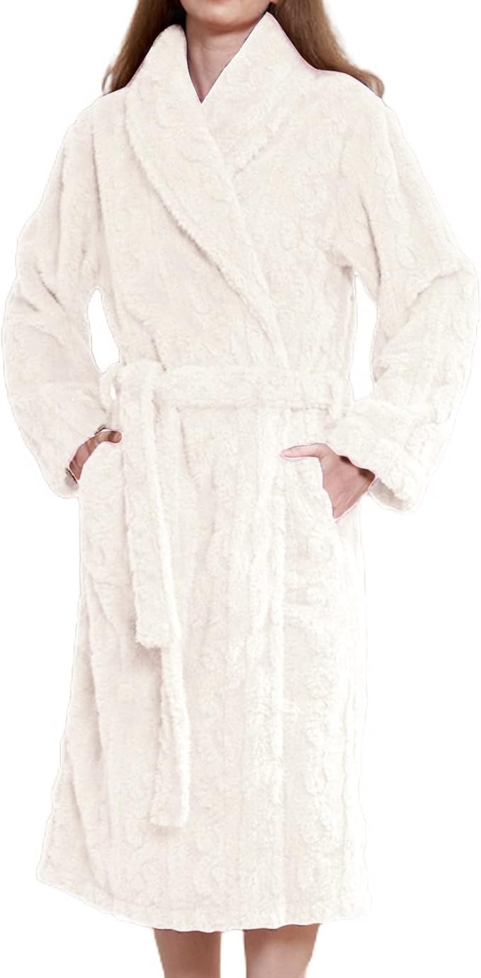 女式毛绒羊毛长款长袍针织披肩领 spa 浴室酒店温暖和服柔软毛绒浴袍