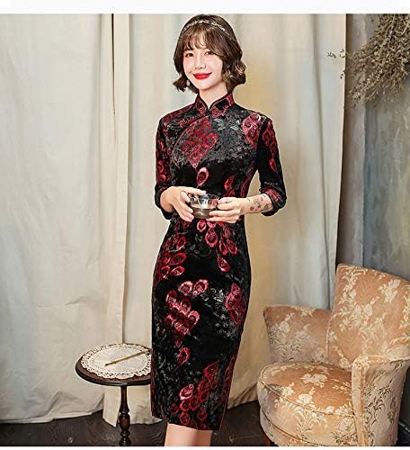 qipao 旗袍天鹅绒中国连衣裙中国传统中号连衣裙半民族时尚女式服装