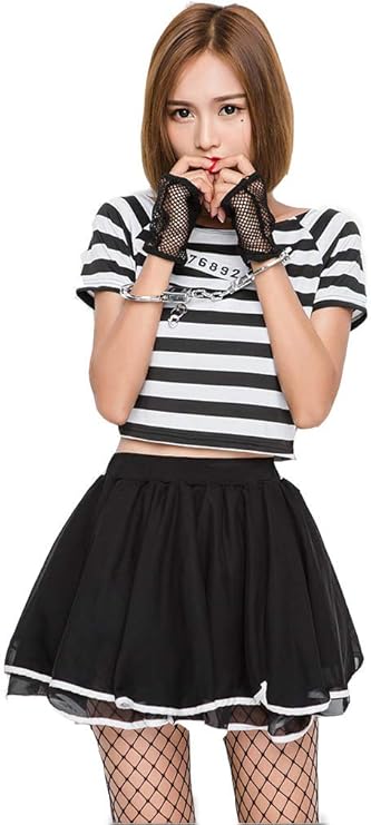 女式复古囚犯服装黑白色短袖制服万圣节角色扮演服装