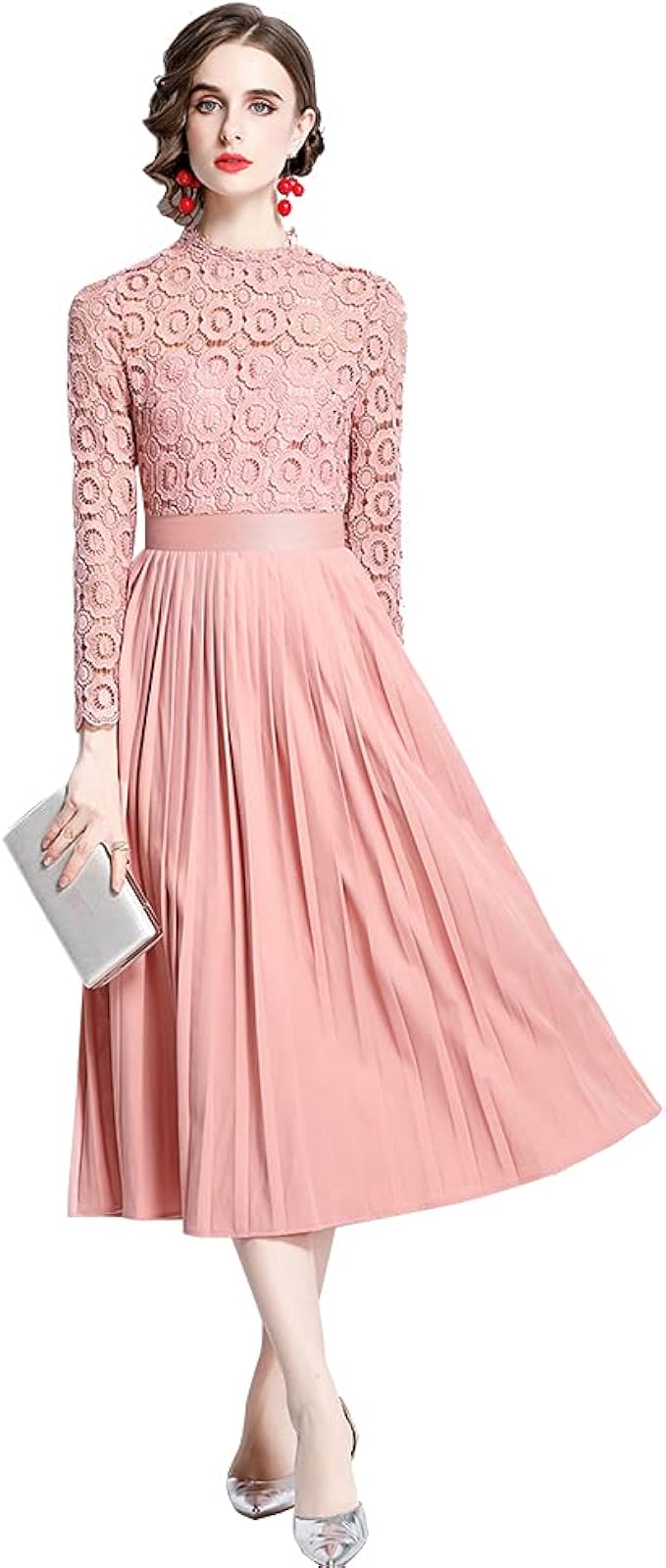 haokeke 女式长袖蕾丝正式礼服纯色镂空蕾丝雪纺拼接褶皱长裙