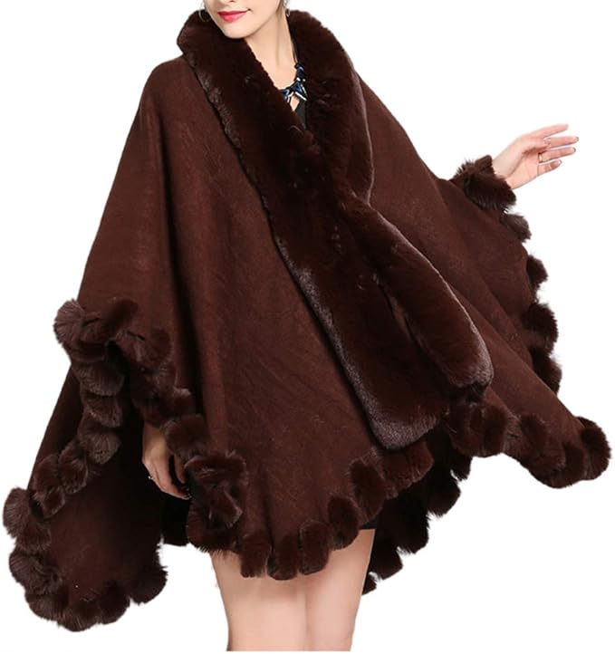 tngan 人造毛皮饰边开衫斗篷披肩冬季斗篷超大披肩