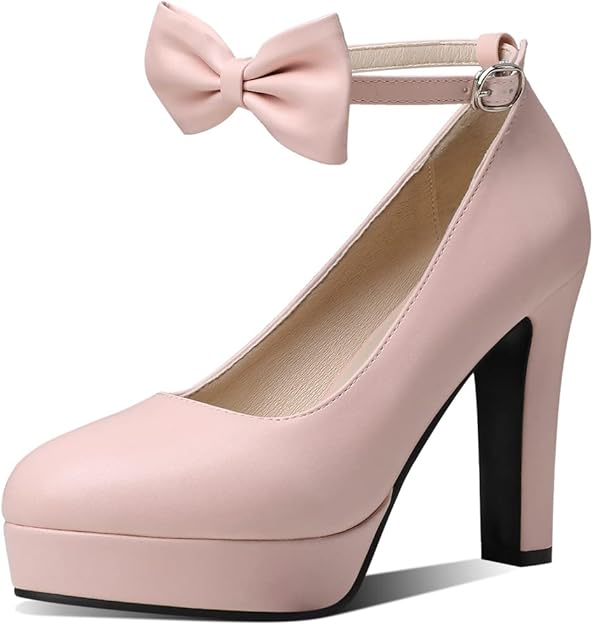 mcksty 女式粗跟玛丽珍厚底鞋蝴蝶结扣踝带礼服派对高跟鞋圆头可爱