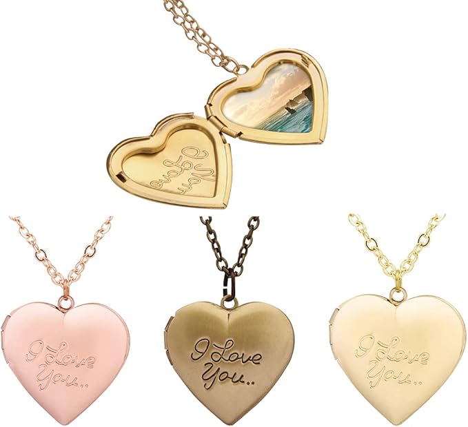3 件心形小盒式照片盒式心形吊坠项链,印有爱心形图案项链