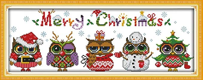 Gofission Pre-printed Cross-stitch Set Merry Christmas,DIY 4-piece printed embroidery set 48 x 8cm fabric with accessories Stitch home wall decoration