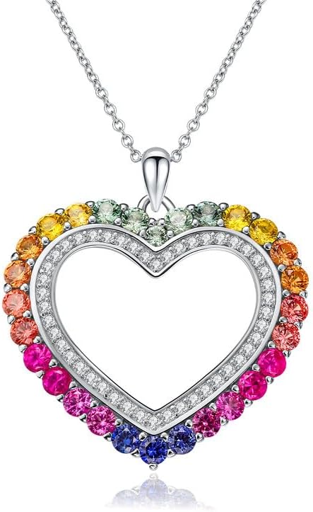 statement 红宝石彩虹心形项链 女式 925 纯银实验室制造宝石水晶吊坠