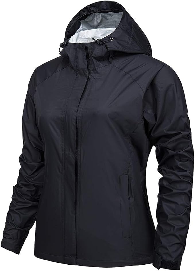 jogerbro 女式雨衣轻质风衣户外防水连帽雨衣黑色