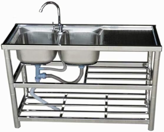 家用阳台厨房不锈钢单槽水槽双槽洗碗池洗菜盆带支架平台一体落地1cm左双槽三层款 水龙头 阿斯卡利 价格报价图片